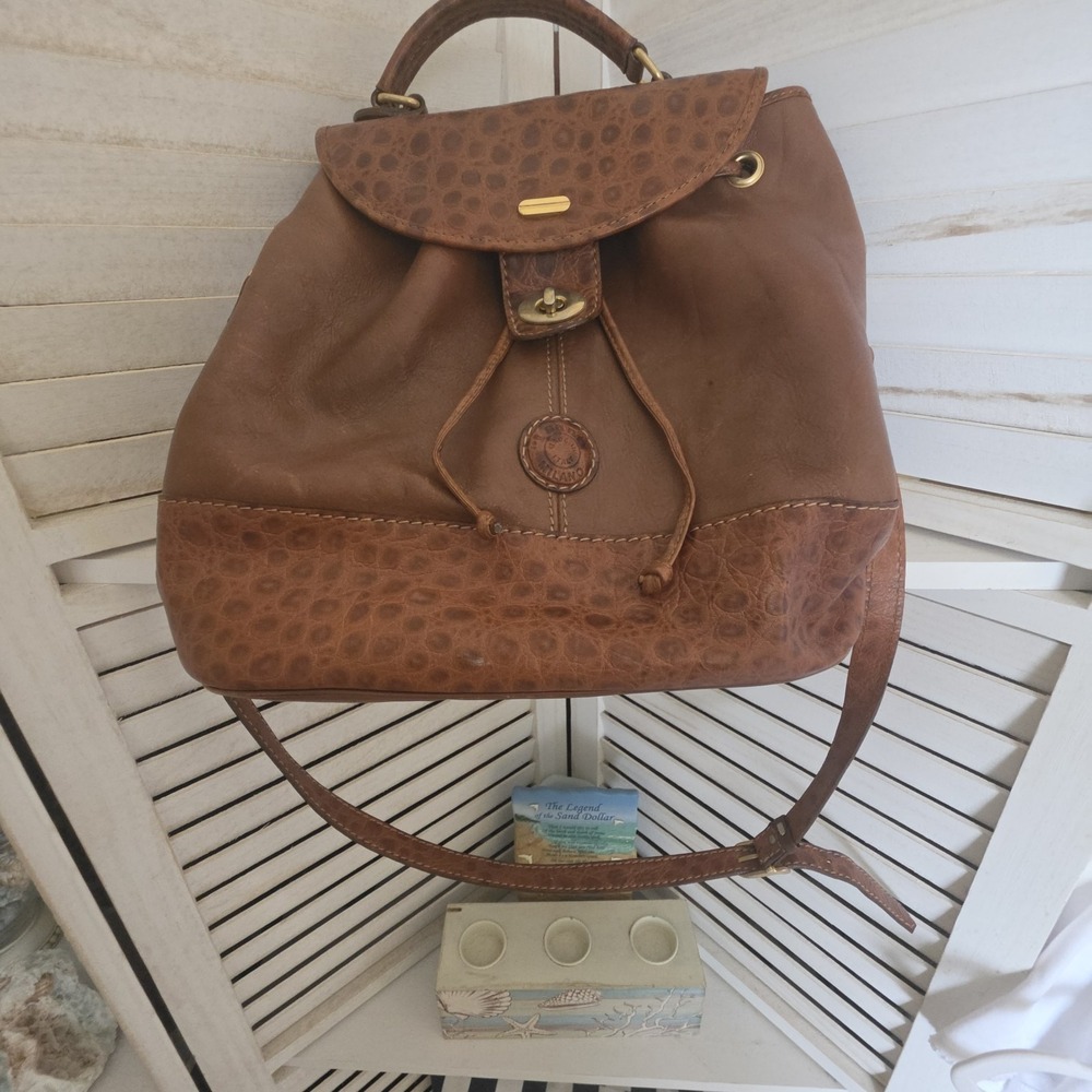 I Santi Milano Brown Italian Leather Drawstring Bucket Bag Croc Embossed Small